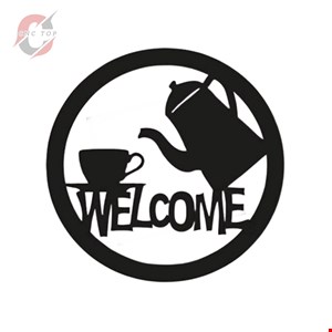 تابلو دیواری CNC طرح قوری و فنجون قهوه با نوشته WELCOME