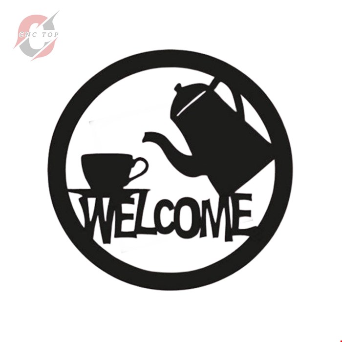 تابلو دیواری CNC طرح قوری و فنجون قهوه با نوشته WELCOME