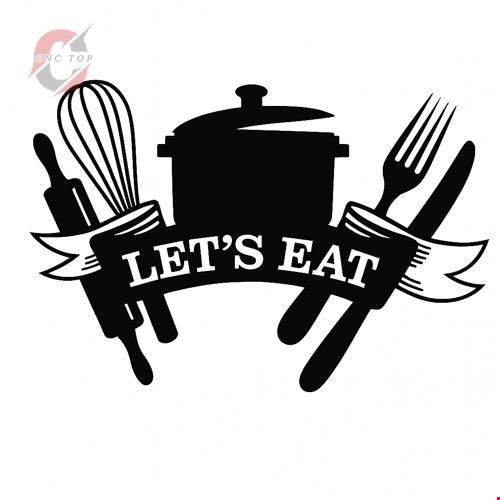تابلو دیواری CNC طرح ظروف آشپزی با نوشته LET'S EAT